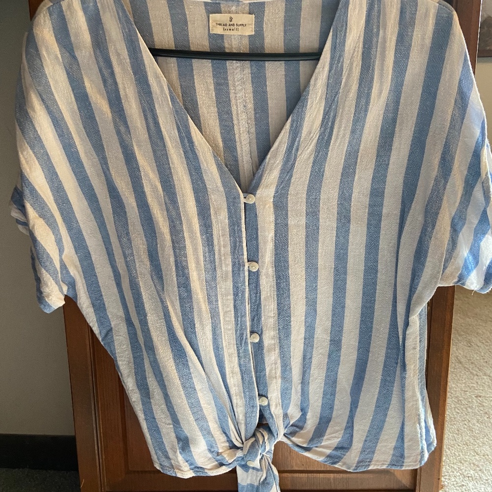 Dry Goods Blue and White Stripe Button Tie-Front Top